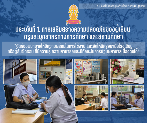 1.3 4 จัดห้องพยาบาลให้มีความพร้อมในการใช้งาน และจัดให้มีครูอนามัยโรงเรียนหรือผู้รับผิดชอบ ที่มีความรู้ ความสามารถและมีทักษะในการปฐมพยาบาลเบื้องต้นได้