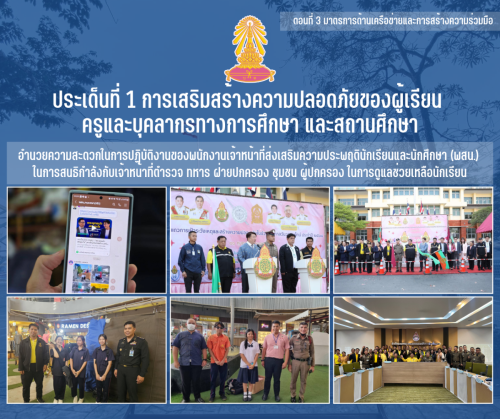 3 อำนวยความสะดวกในการปฏิบัติงานของพนักงานเจ้าหน้าที่ส่งเสริมความประพฤตินักเรียนและนักศึกษา (พสน.) ในการสนธิกำลังกับเจ้าหน้าที่ตำรวจ ทหาร ฝ่ายปกครอง ชุมชน ผู้ปกครอง ในการดูแลช่วยเหลือนักเรียน